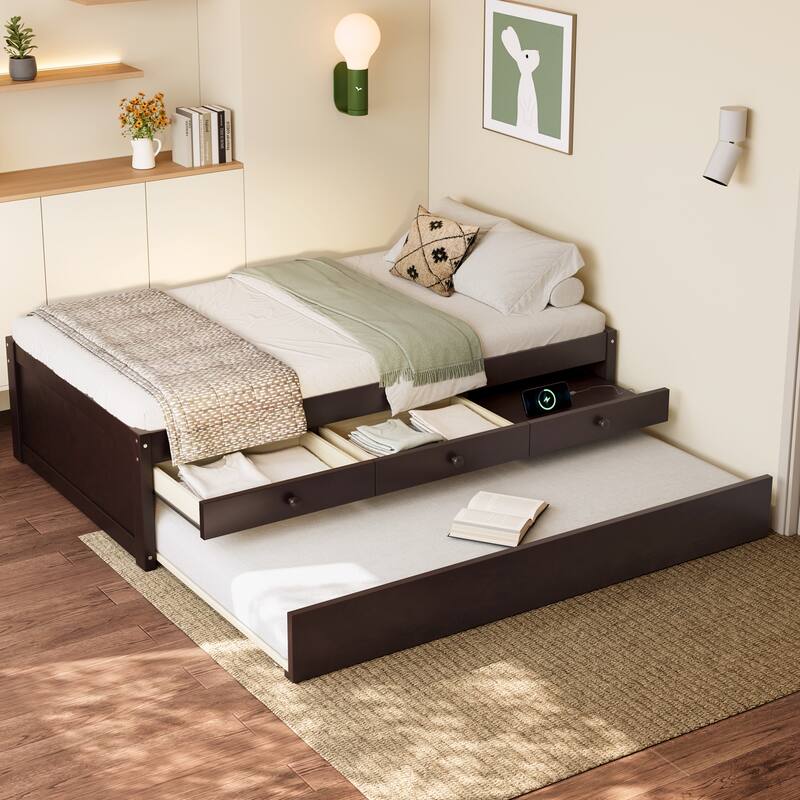 Platform Bed with Pull-out Trundle and Dual Storage Drawers, Built-in Power Strip, Wooden Bed Frame, No Box Spring Needed