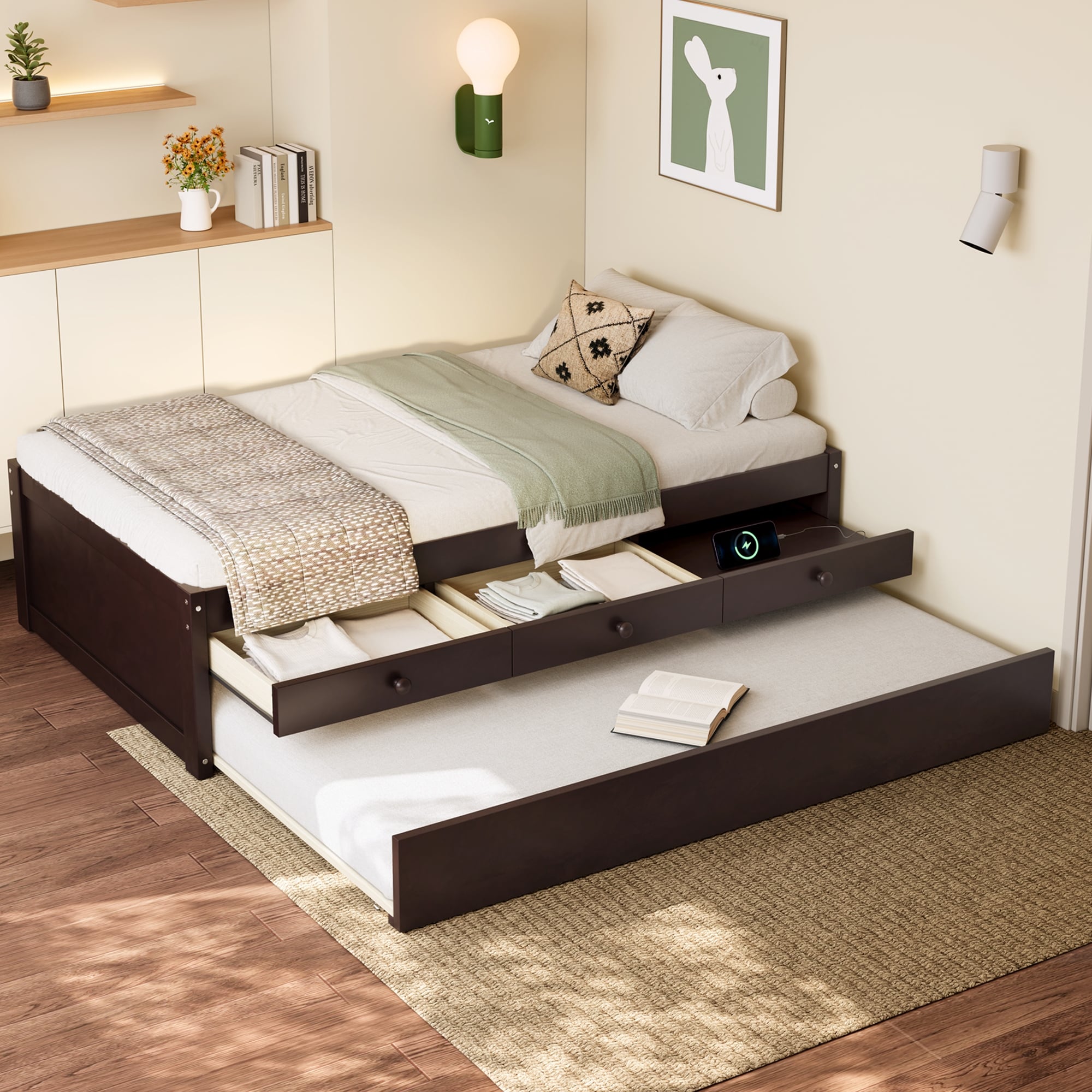 Twin Platform Bed With Trundle And 2 Drawers, Solid Wood Construction, Built In Power Strip