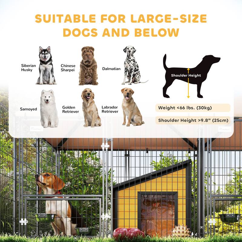 PawHut Dog Kennel Outside with 2 Rooms, Large Outdoor Dog Kennel with Rotating & Adjustable Height Bowls, 13.5' x 9.4' x 5.1'
