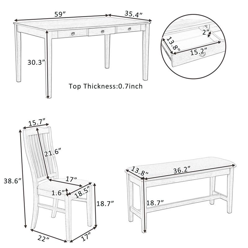 6 People Dining Table Set, 6 Piece Wood Dining Table Set with Storage Drawer, 4 Upholstered Dining Chair and Bench聽