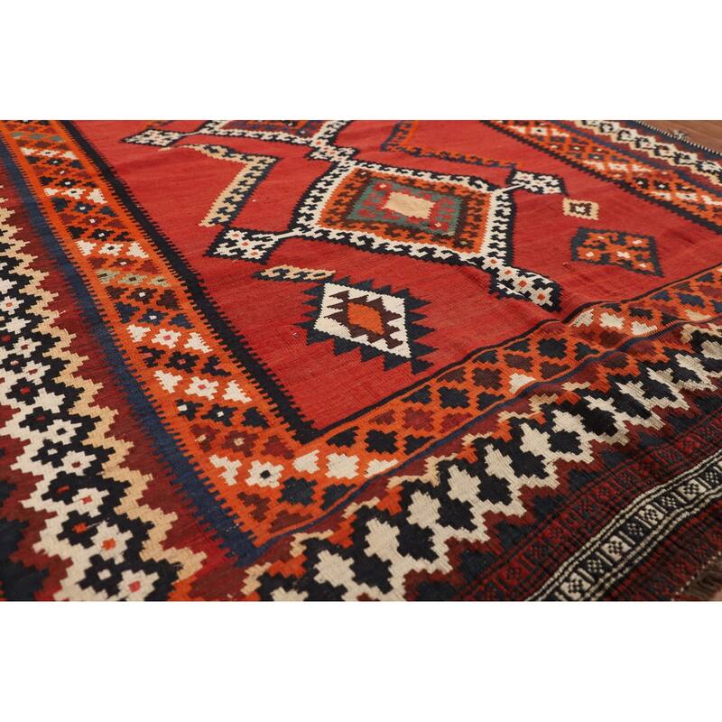 Red Kilim Qashqai Persian Vintage Area Rug Flatweave Wool Carpet - 5'0"x 7'6"