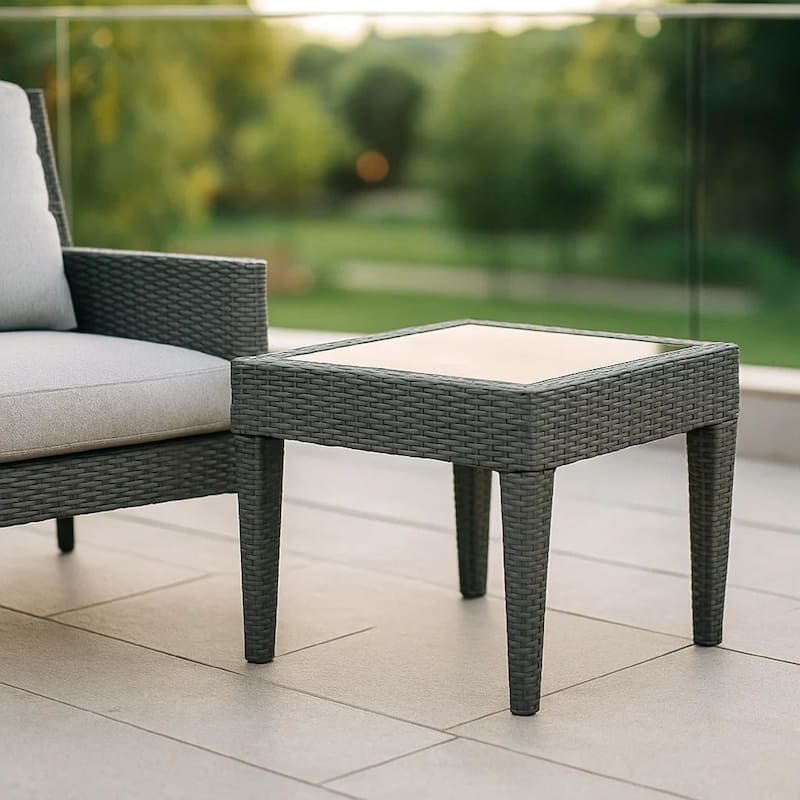 Annie Outdoor Square Accent Table, Tempered Glass, 20 Inch Gray Wicker