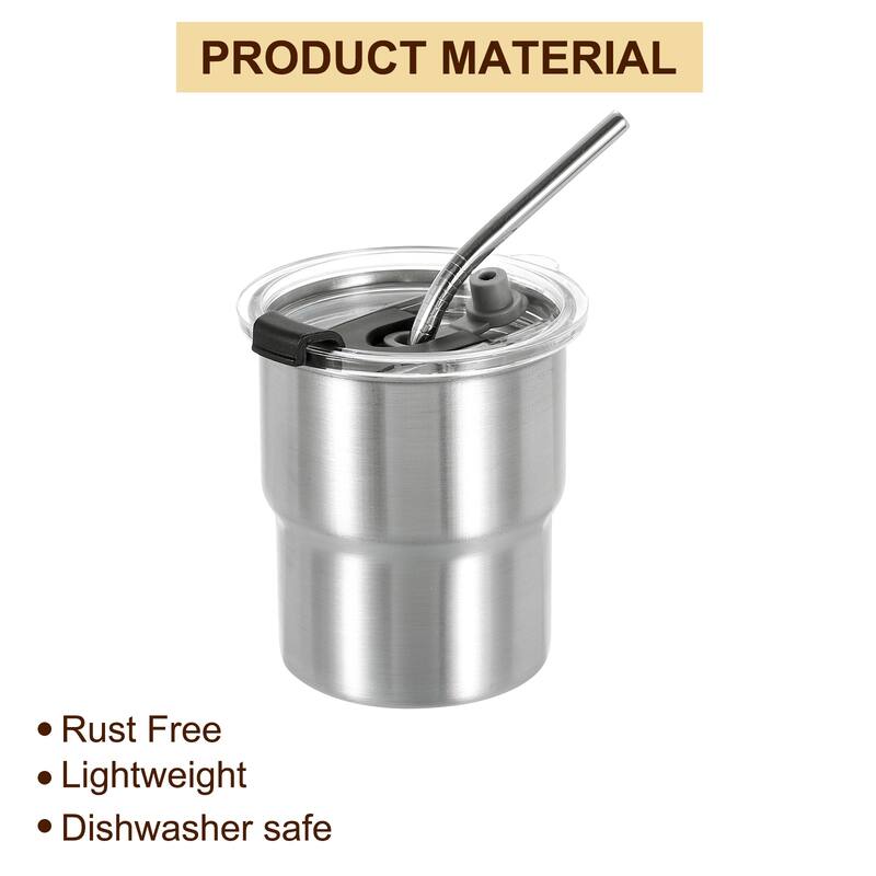 304 Stainless Steel Cups with Straws and Lids, 10oz Double Wall Water Glasses - Silver