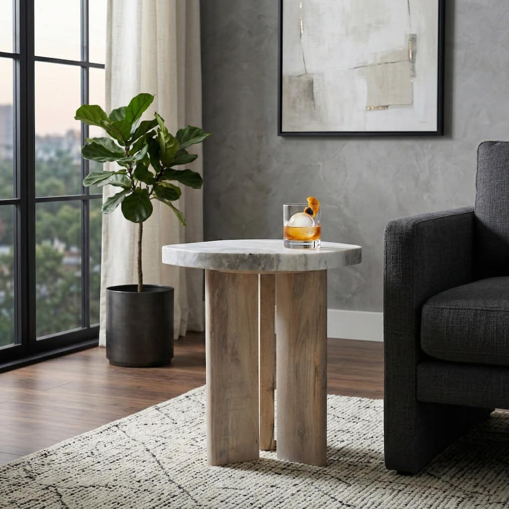 Modern Marble Top Accent Side Table with Wood Base - 23", Tan & Brown - 22.25"