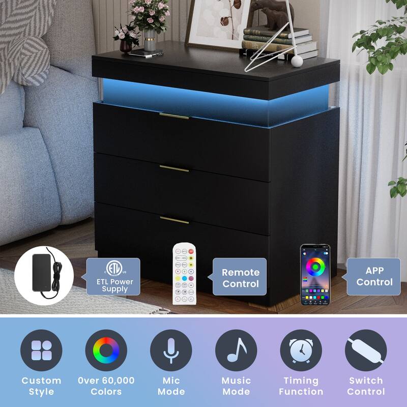 LED Lights Nightstand with Charging Station, Smart Wooden Nightstand, Storage Cabinet with Sliding Top & 3 Drawers