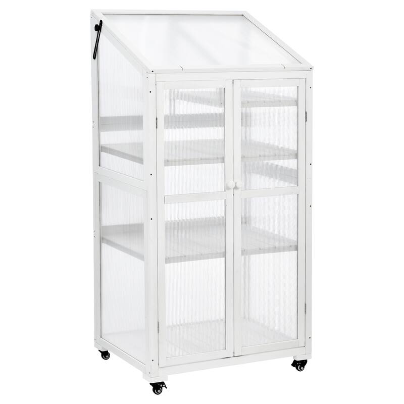 Wood Large Greenhouse Balcony Portable Cold Frame with Wheels and Adjustable Shelves for Outdoor Indoor Use