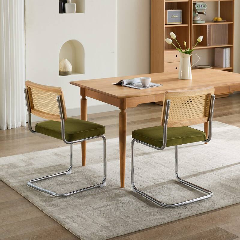 GDF Studio - Mid-Century Linen Dining Chairs with Natural Rattan Cane Back & Chrome Cantilever Base, Set of 2