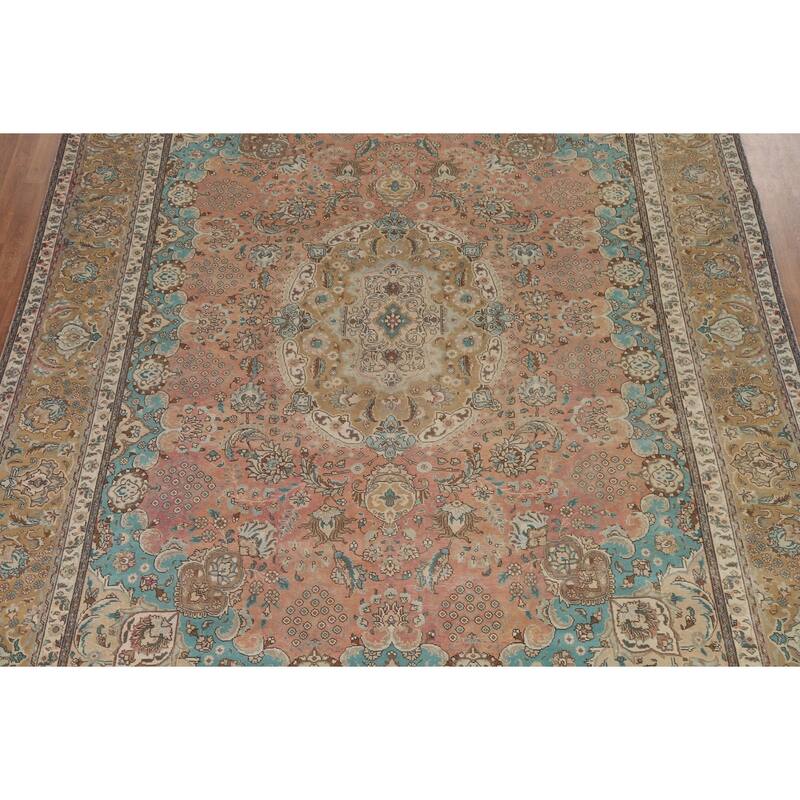 Hand Knotted Oriental 100% Wool Carpet Traditional Floral Pink Tabriz Area Rug - 12' 7'' X 9' 9''