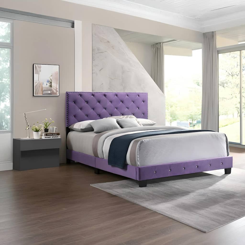 Queen Size Velvet Platform Bed with Sturdy Frame and Easy Assembly