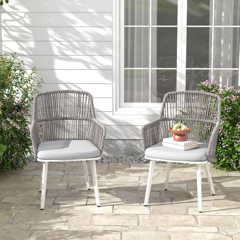 Outdoor 2-piece Dining PE Wicker Arm Chair with Cushion - Light Grey