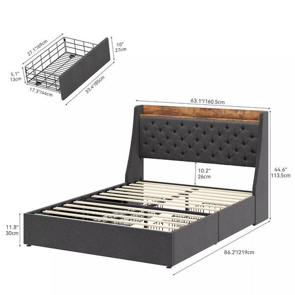 Queen Size Bed Frame Upholstered Wingback Storage Headboard 4 Drawers ...