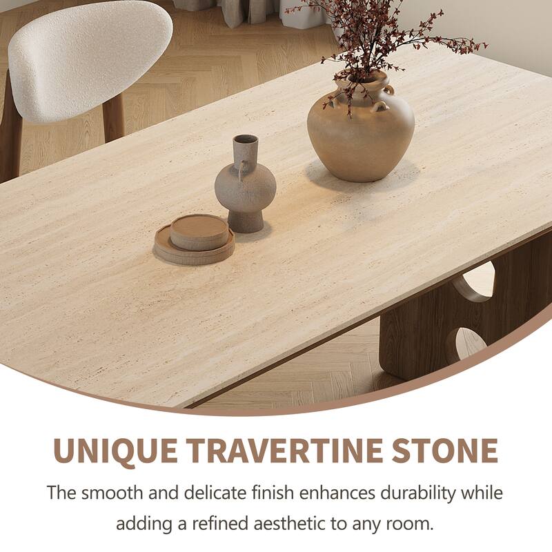 71"Mid-Century Modern Dining Table For 6, Retangular Kitchen Table With Beige Travertine Sintered Stone Top