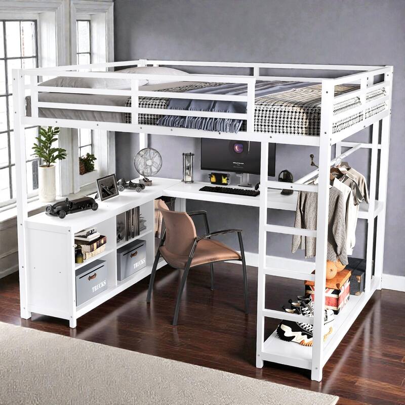 Metal Loft Bed with Wardrobe and L-Shaped Desk, Storage Cubes and Shelves, Space Saving Loft Bed for Teens