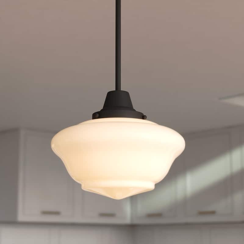 VAXCEL Eastgate 1-Light 12 in. Wide Schoolhouse Mini Pendant, White Frosted Opal Glass Shade, Hanging Ceiling Fixture - Matte Black - 12-in W x 9.75-in H x 12-in D