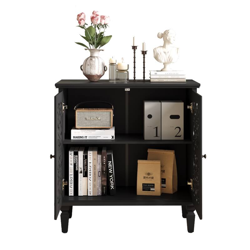 GDF Studio - Vintage Hollow-Carved Accent Cabinet, 2-Door Display Sideboard with Adjustable Shelf