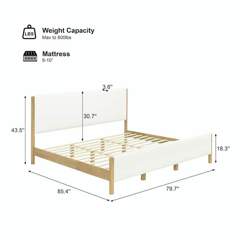 Modern White Bouclé Upholstered Bed with Rubberwood Legs