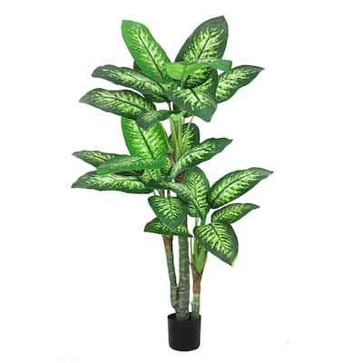 5ft Large Real Touch Green Variegated Artificial Dieffenbachia Tree in Black Pot - 62" H x 36" W x 36" DP