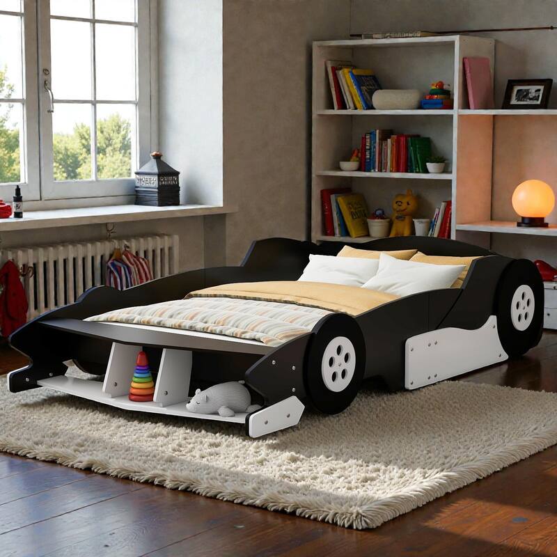 Race Car Platform Bed with Wheels, Kids Car-Shaped Bed Frame with Safety Rails - Black - Full