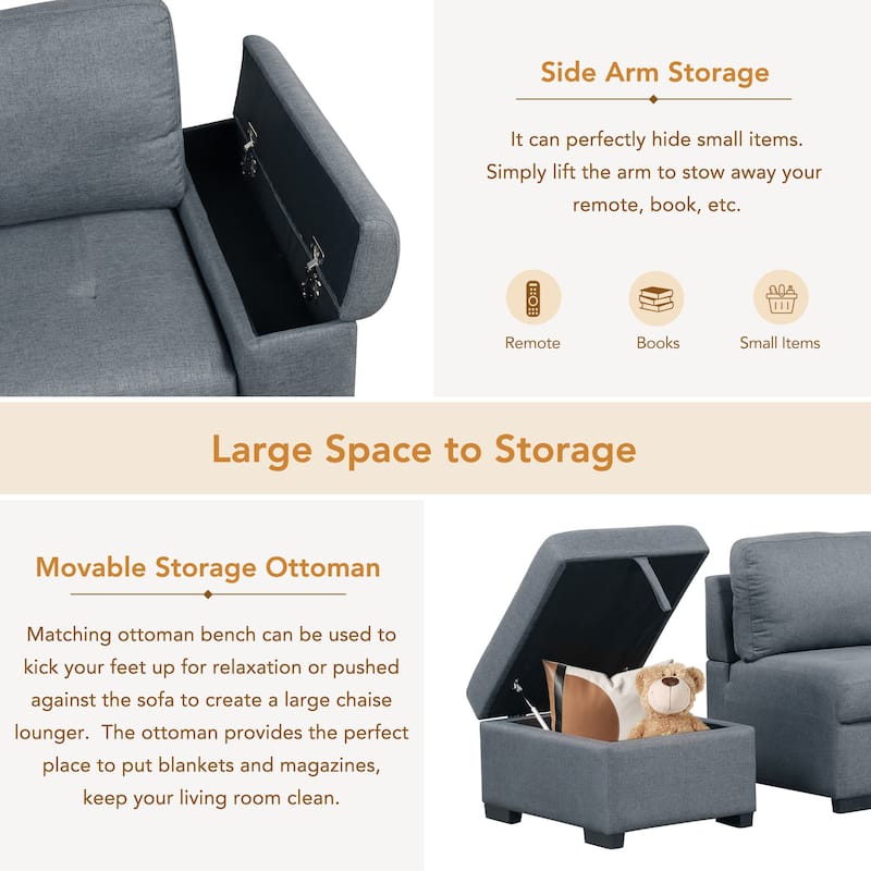 Roomfitters Sleeper Sectional Sofa, L-Shape Corner Couch Sofa Bed with Storage Ottoman, Hidden Arm Storage, and USB Charging