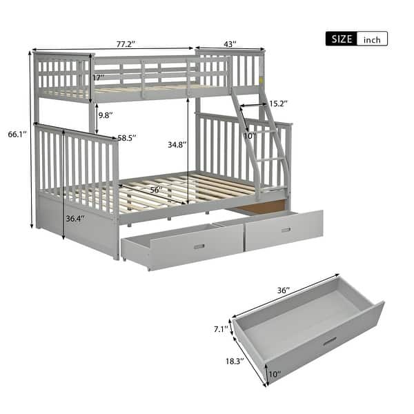 dimension image slide 1 of 4, Twin Over Full Bunk Bed with Storage Drawers, Wooden Bunk Bed with Ladder and Safety Guard Rails