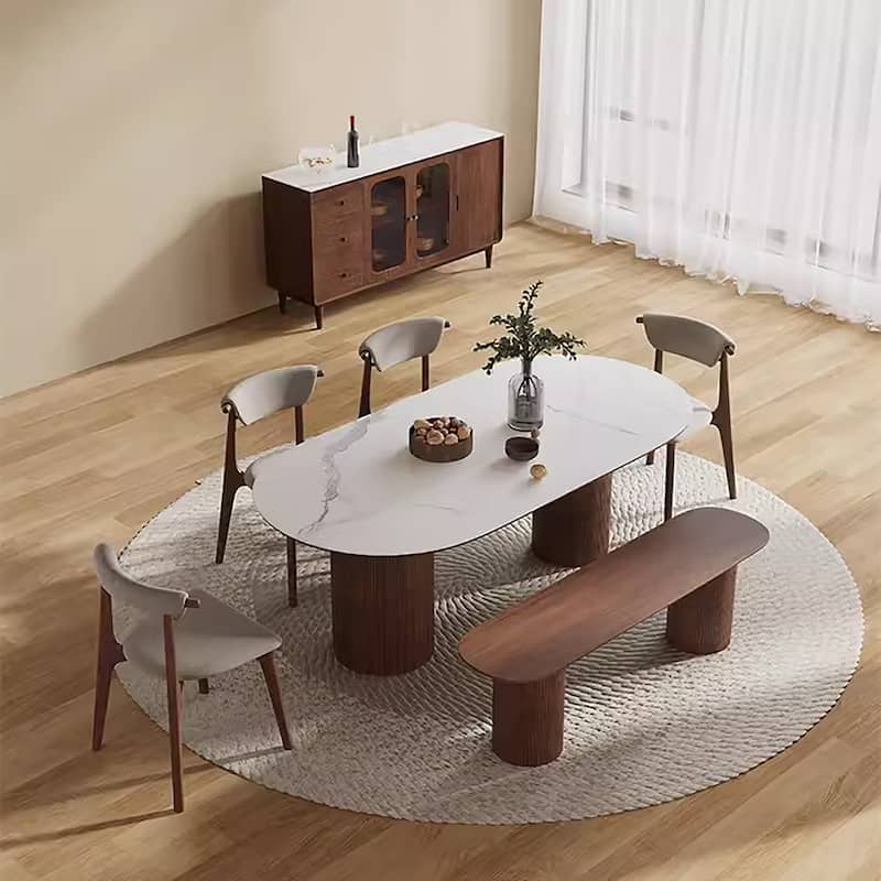 71" Modern Rectangular Dining Table with Stone Table-top, Wood Legs