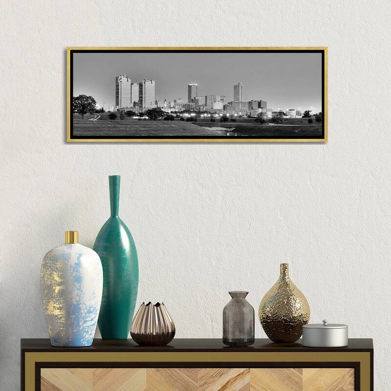 iCanvas "Fort Worth Panoramic Skyline Cityscape (Black & White - Evening)" by Unknown Artist Framed Canvas Print