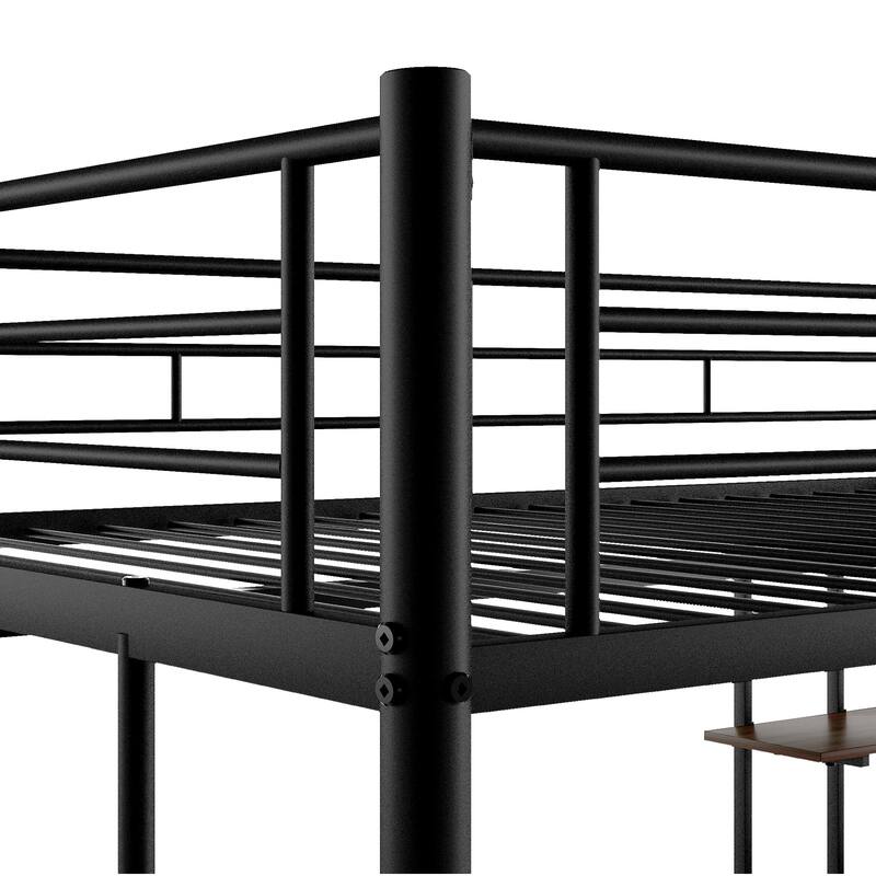 Twin/Full Metal Loft Bed with Built-In Desk and Two Shelves, Space-Saving Bed for Kids or Teens, Black Finish