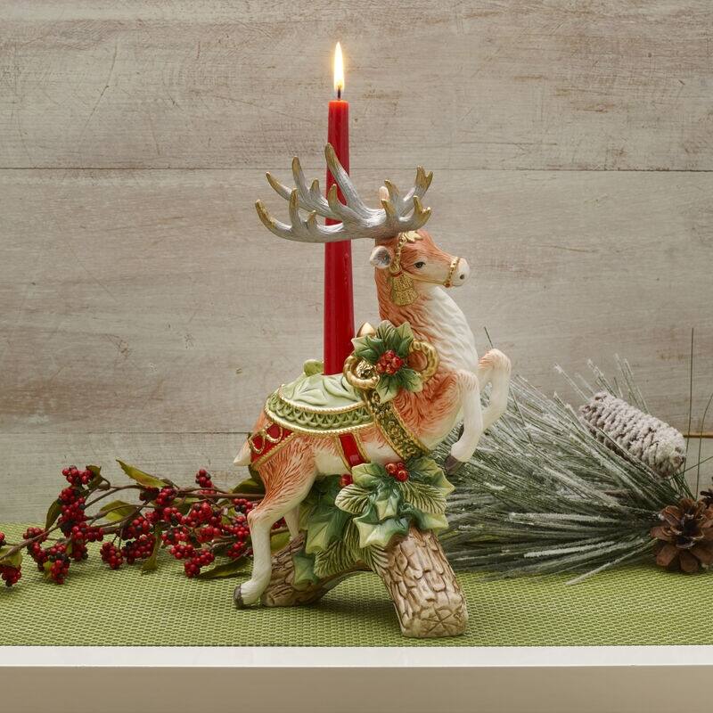 Fitz and Floyd Holiday Home Green Leap Deer Candleholder, 11.5 Inch