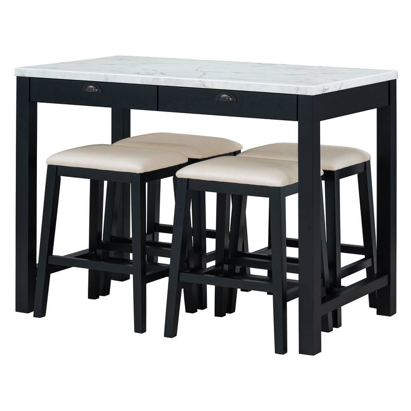 Modern Faux Marble Bar Table Set with Storage & Stools