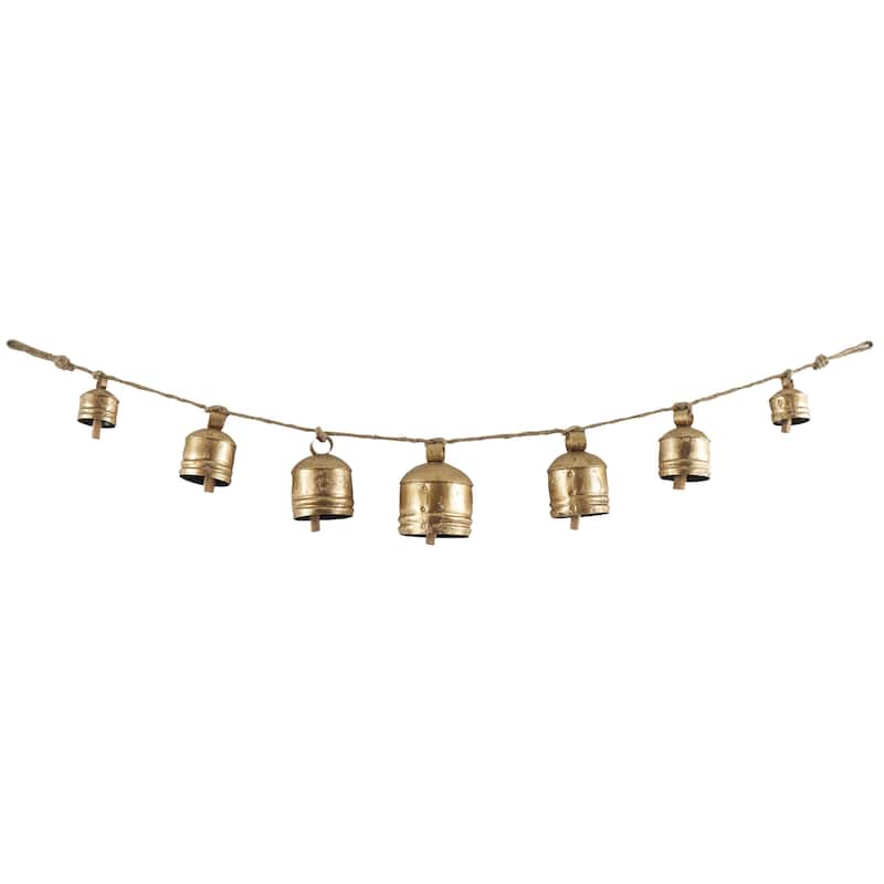 Metal Tibetan Inspired String Hanging Indoor Outdoor Decorative Cow Bells on Jute Hanging Rope - Gold - Roche River Decor