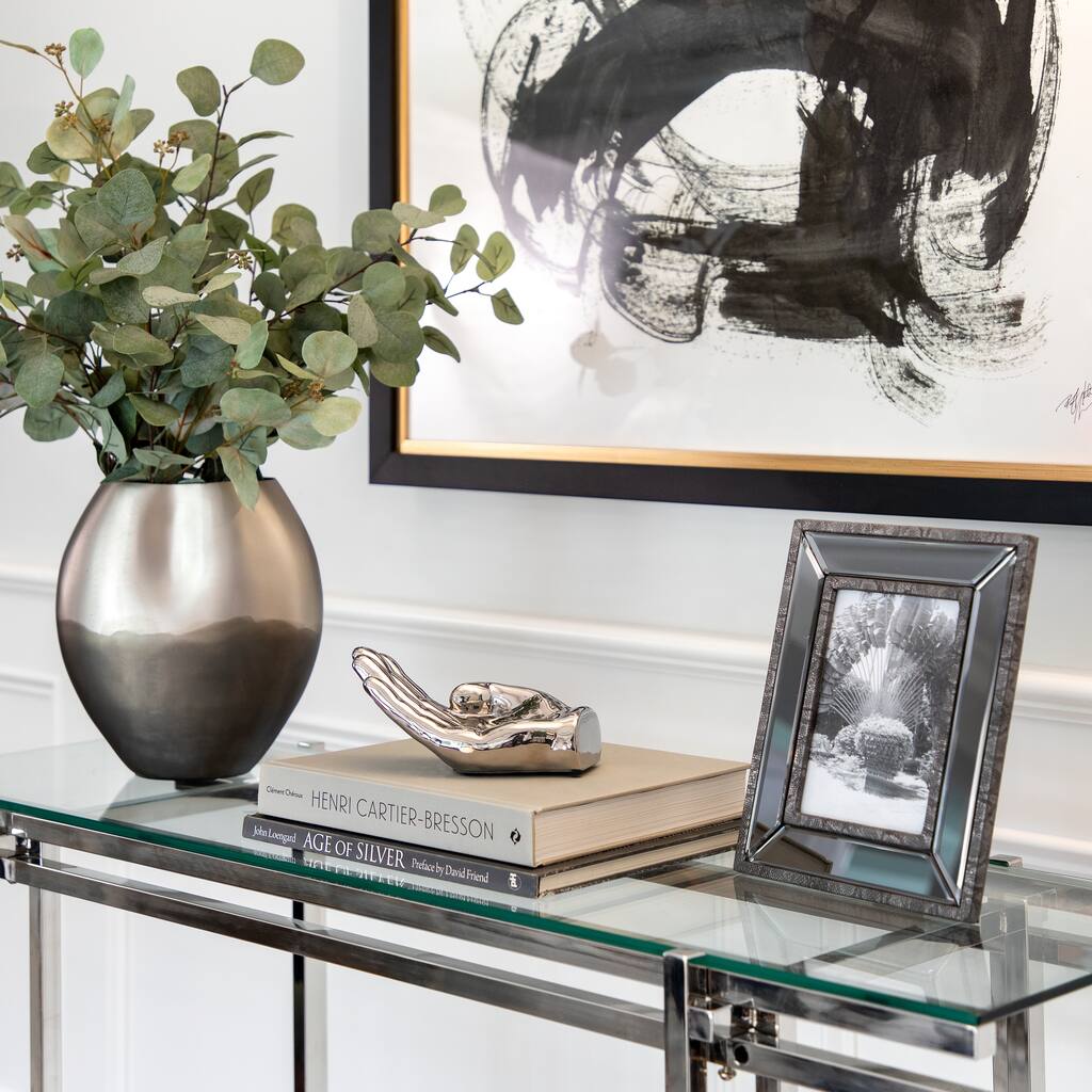 8" Ceramic Hand Sculpture Contemporary Abstract Creative Asking Hand Statue in Metallic Silver Unique Table Decor - 8" x 4" x 4"