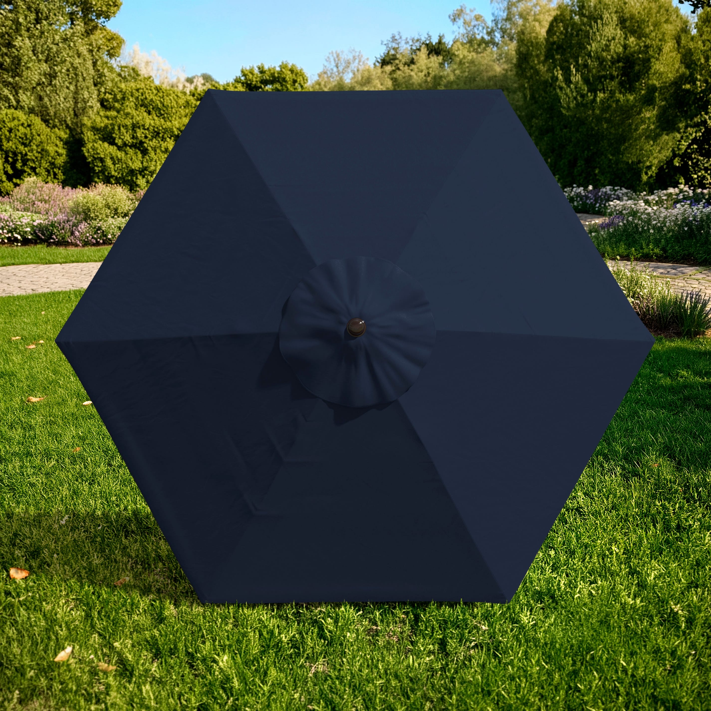 9-foot navy patio umbrella WESTLAKE 9 Ft Solar LED Umbrella, Beige resistant polyester canopy for outdoor use Product Details Canopy Material At Home Navy Blue Outdoor