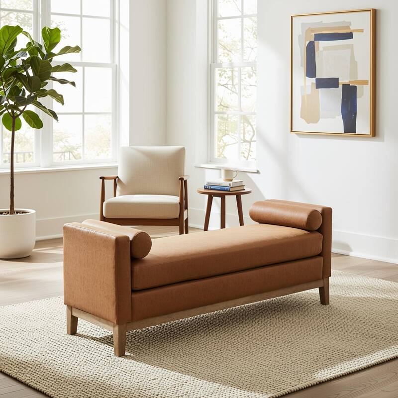 Homy Casa Upholstered Bench Sofa with Pillows, Wooden, Entry Living