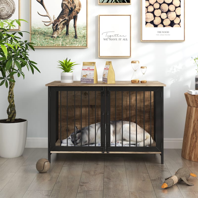 Wooden Dog Crate Furniture Large/Medium Dog,Dog Kennel Furniture Large Breed,Indoor Dog Cage Furniture Style with 2 Doors