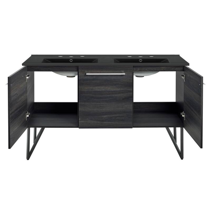 Annecy 60 In. Black Walnut, Double Basin Bathroom Vanity With Black, 3-Hole ArtificialStone Sink Top