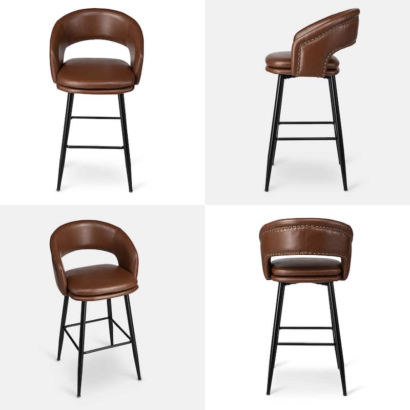 Glitzhome Set of 2 Mid-Century Modern 40.5"H Faux Leather Bar Stools with Nailhead Trim