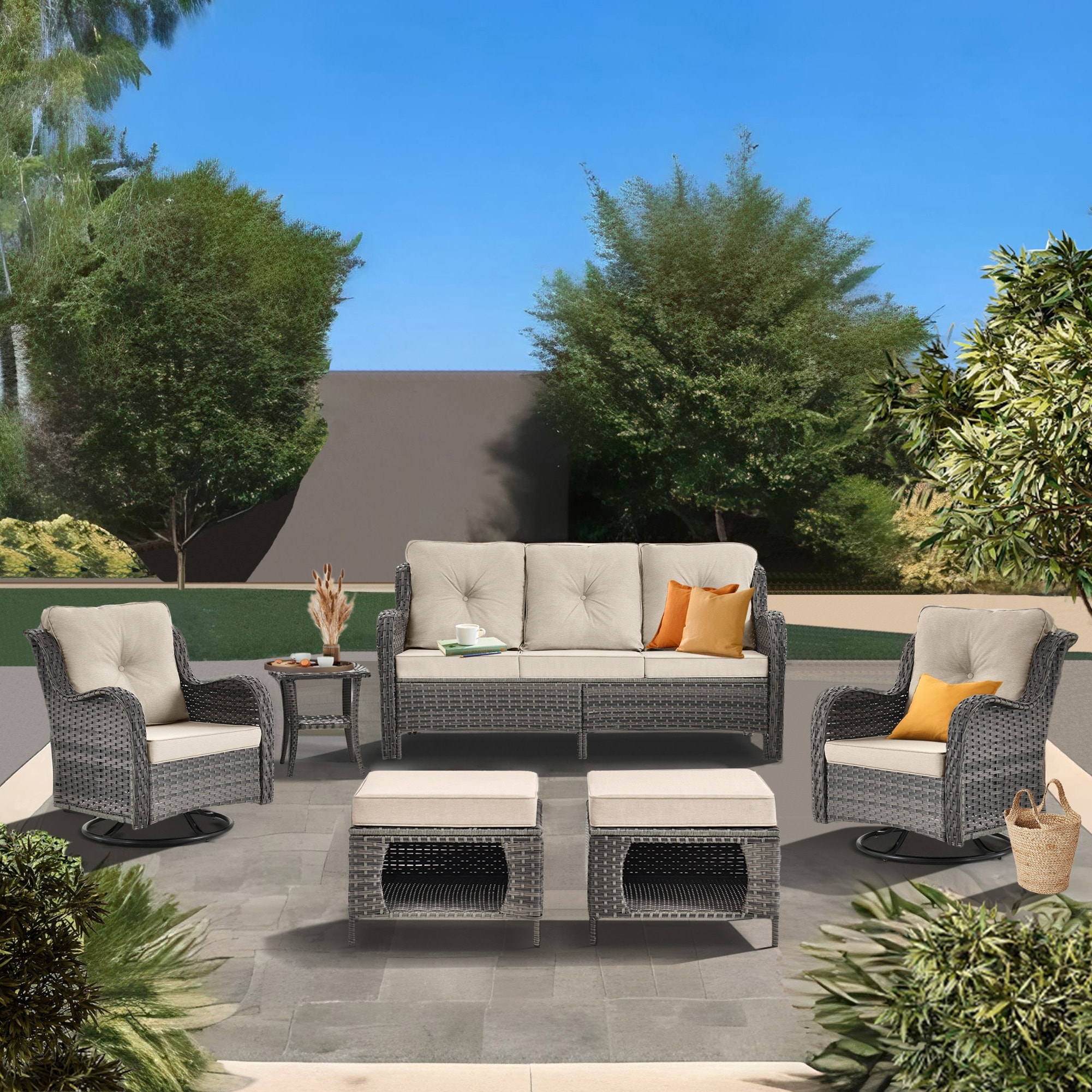 Wicker Patio Furniture Conversation Set with High Back Swivel Chairs and Storage Ottomans Cushions Included Bed Bath Beyond 40292895