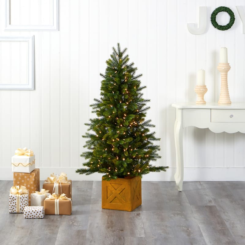 5Ft Artificial Christmas Tree with Lights & Planter - Indoor Holiday Decor, Small Xmas Tree - Green - 60