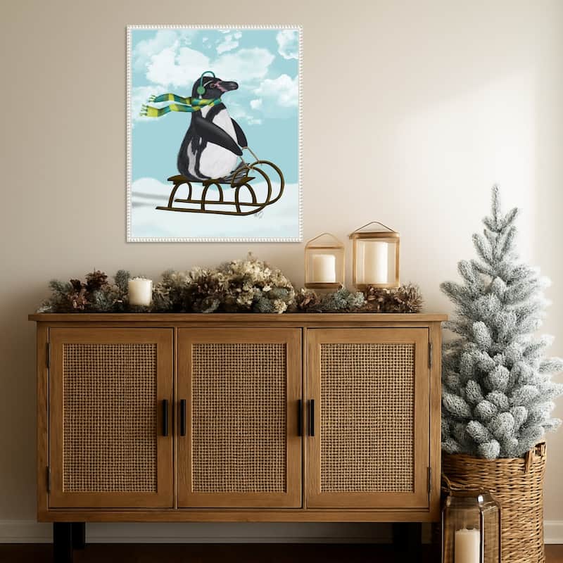 Penguin On Sled by Fab Funky (23 x 28 in.), Framed Canvas Wall Art Print - Sylvie Beaded White