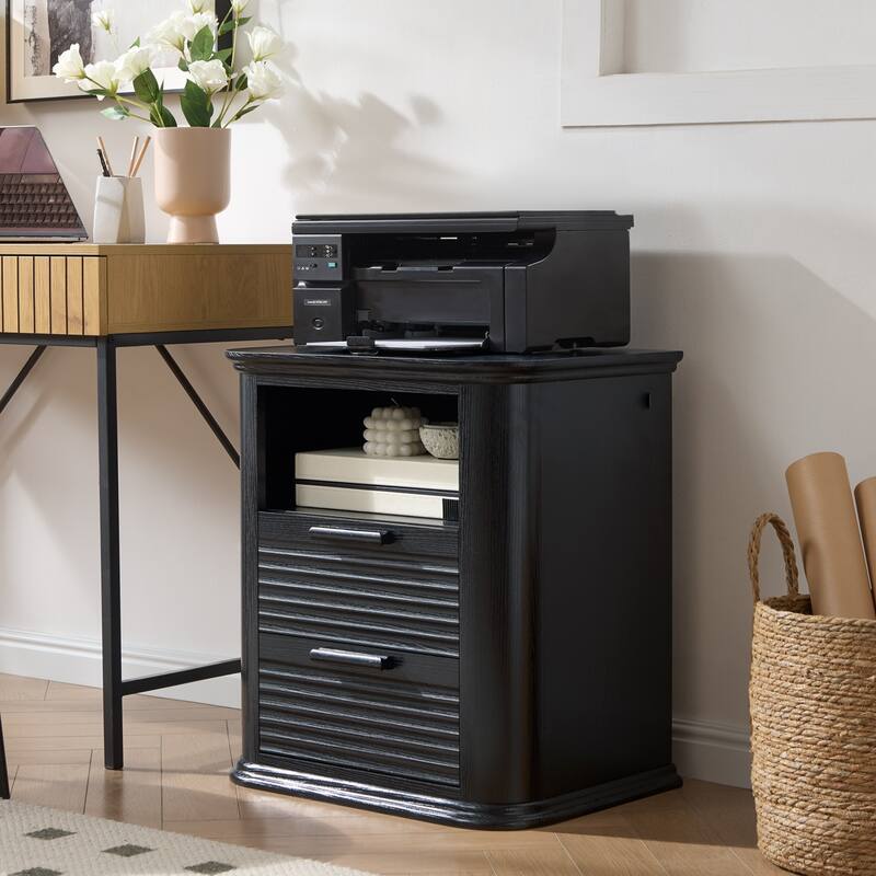 22" Fluted Night Stand with Charging Station, End Table with 2 Drawers & Open Storage, Side Tables Curved Profile Design