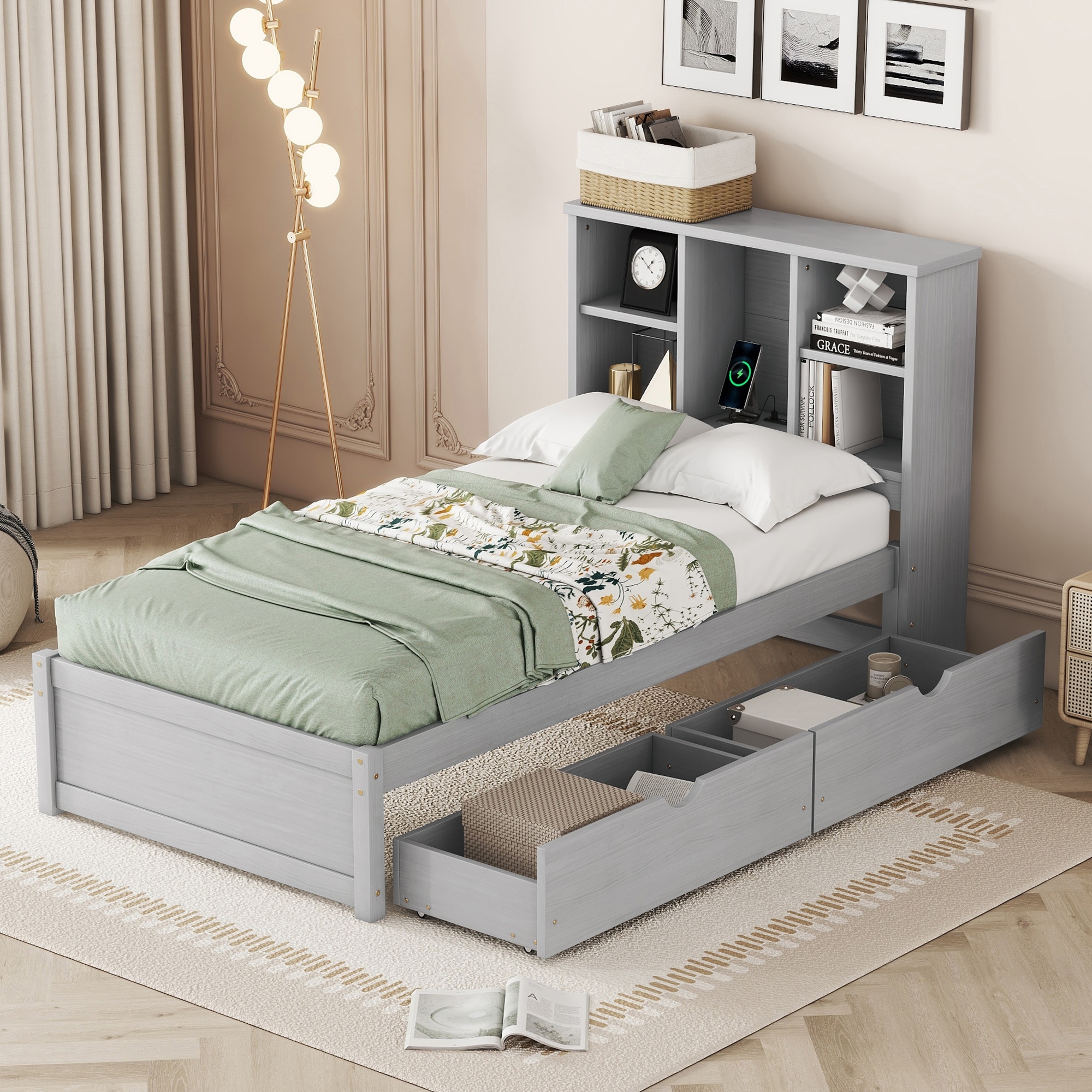 With Built-in USB Port on Bookcase Headboard and 2 Drawers Modern Twin Size Bed Frame Very suitable for bedrooms Grey