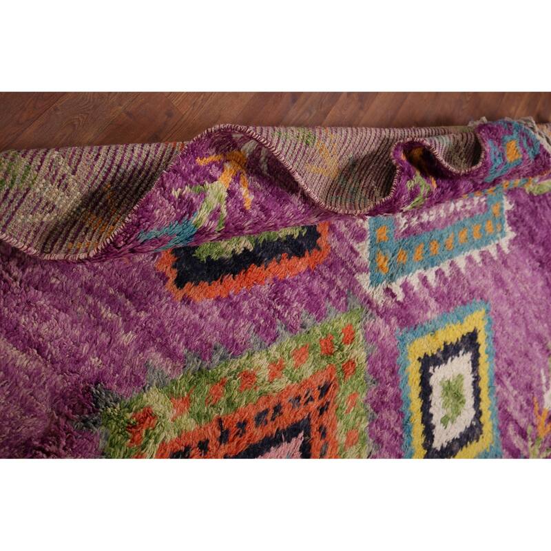 Purple Geometric Plush Moroccan Area Rug Hand-Knotted Wool Carpet - 6'0" x 9'7"