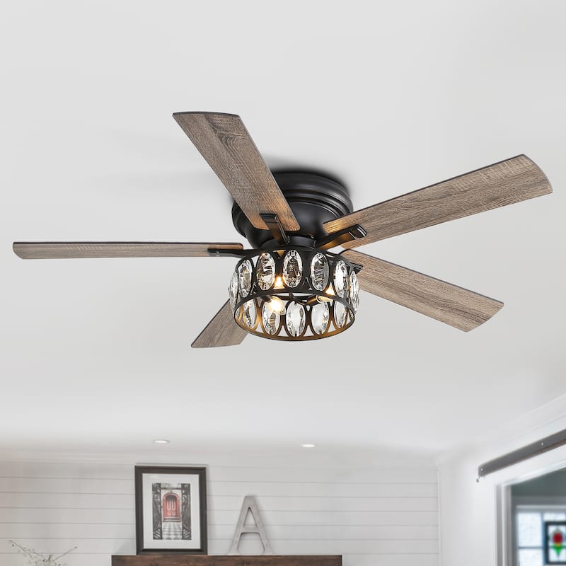 52 inch 5-Blade Flush Mount Crystal Ceiling Fan with Light Remote - Black
