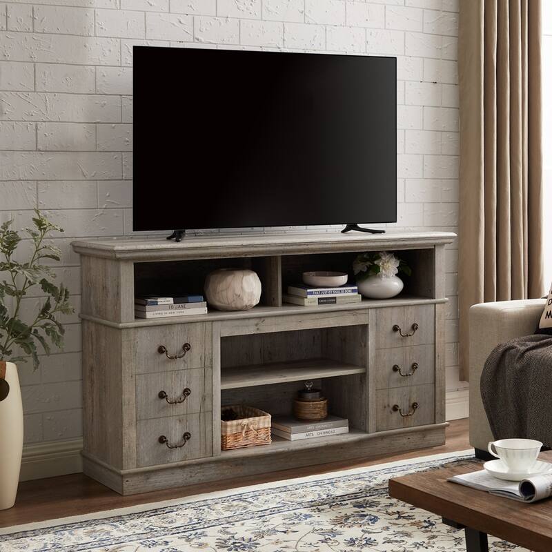 Country-Style TV Stand, for TVs Up 65'', With Drawer Doors and Open Shelving, for The Living Room, Light Gray
