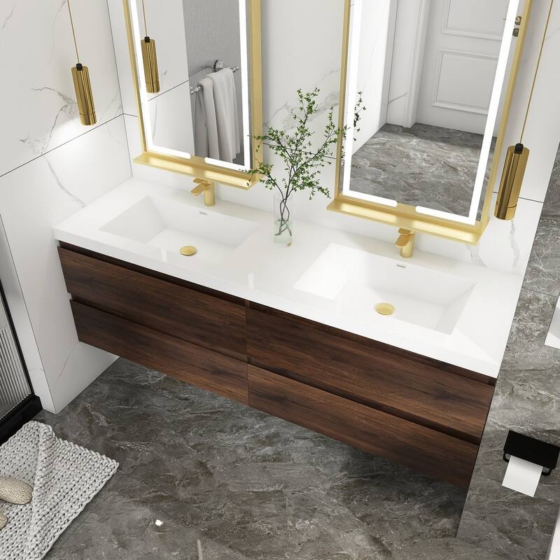 MDF Wall-Mounted Bathroom Vanity Set in Rose Wood with Integrated Culture Marble Sink