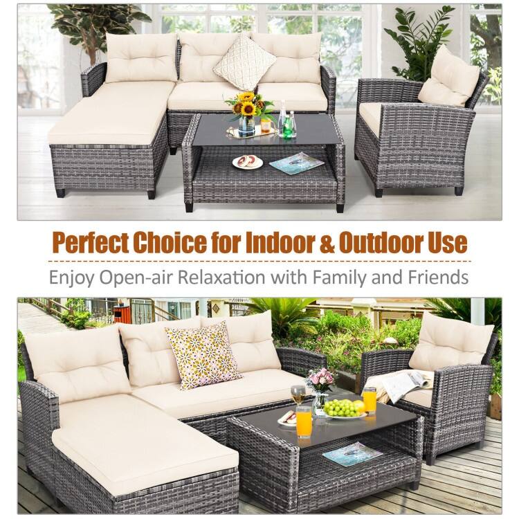 4 Pieces Patio Rattan Furniture Set with Cushion and Table Shelf - 27.5" x 47" x 30" (L x W x H)