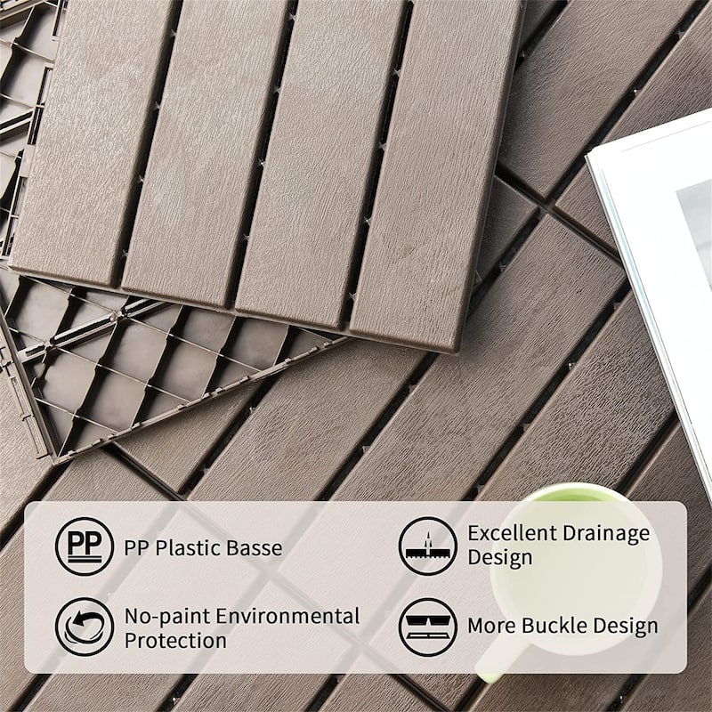 Patio Interlocking Deck Tiles, 12"x12"Square Composite Decking Tiles, Four Slat Plastic Outdoor Flooring Tile (Dark Grey;Brown)
