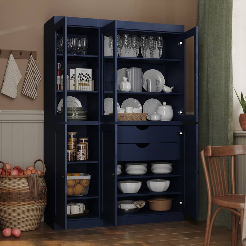 Palace Imports 100% Solid Wood 48.5" Pantry Cabinet with Clear Glass, Shaker Doors, 2-Drawers and Adjustable Shelves - Navy