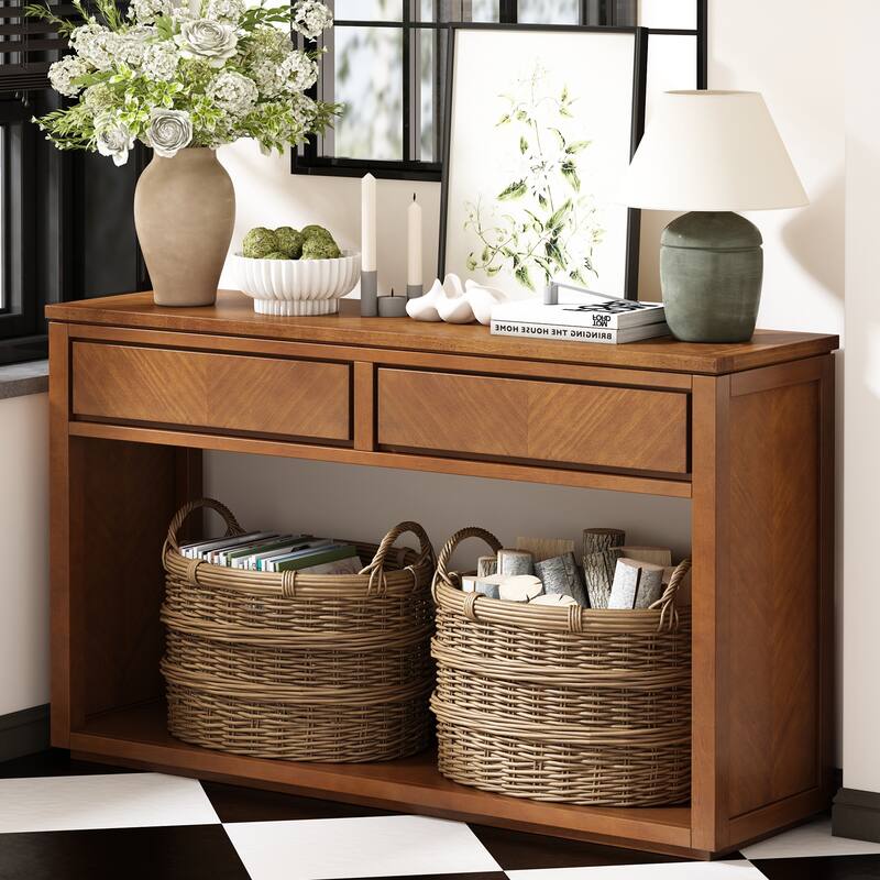 Rustic Wooden Console Table with Drawers and Shelf