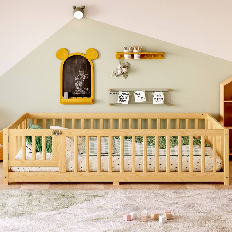 Roomfitters Wooden Twin/Full/Queen Floor Bed Frame with Door & Safety Guardrails, Low Platform Design for Bedroom or Playroom
